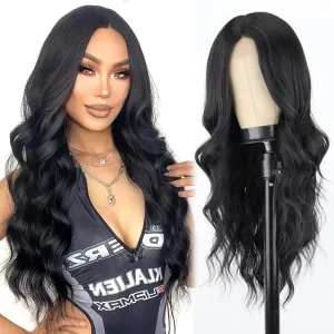 Long Black Wigs for Women 26 Inch Long Curly Wig Natural Looking Synthetic Heat Resistant Fiber Black Wavy Wig for Daily Party Use (Black)