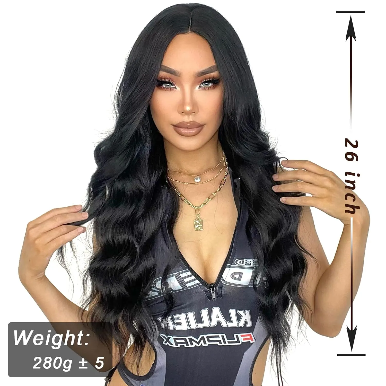 Long Black Wigs for Women 26 Inch Long Curly Wig Natural Looking Synthetic Heat Resistant Fiber Black Wavy Wig for Daily Party Use (Black)
