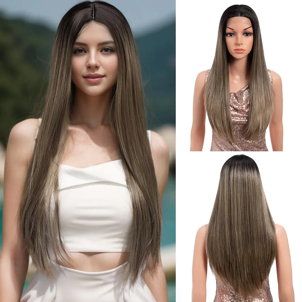 Long Straight Brown Wigs for Women 26 Inch Synthetic Lace Front Wig for Black Women Heat Resistant Long Hair Wigs Natural Looking