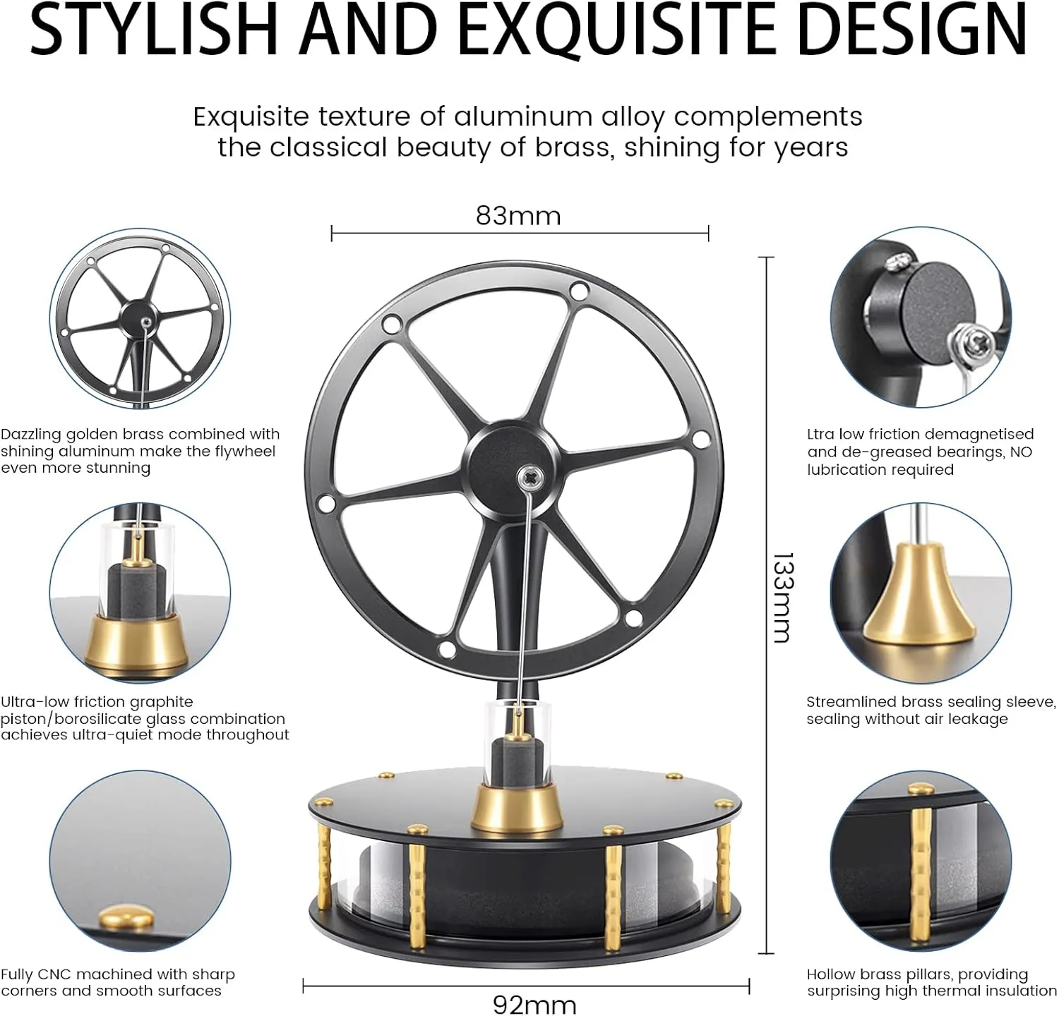 Low Temperature Stirling Engine Educational Toy with Precision Brass Aluminum Parts,Efficient and Quiet Heat-Driven Desktop Stirling Engine Model for Physics and Science Enthusiasts-HZZ92 Black