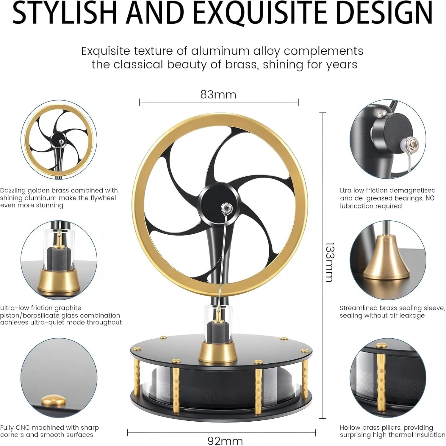 Low Temperature Stirling Engine Educational Toy with Precision Brass Aluminum Parts,Efficient and Quiet Heat-Driven Desktop Stirling Engine Model for Physics and Science Enthusiasts-HZZ92 Pro Black