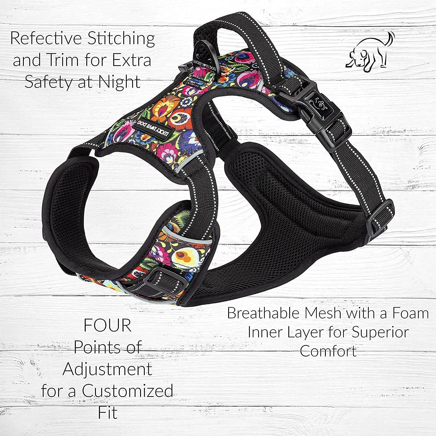 Lucky Love Dog No Pull Dog Harness, Adjustable and Easy to Walk, Cute Patterned Harness for Small Medium Large Male & Female Dogs - Blackbird, Large