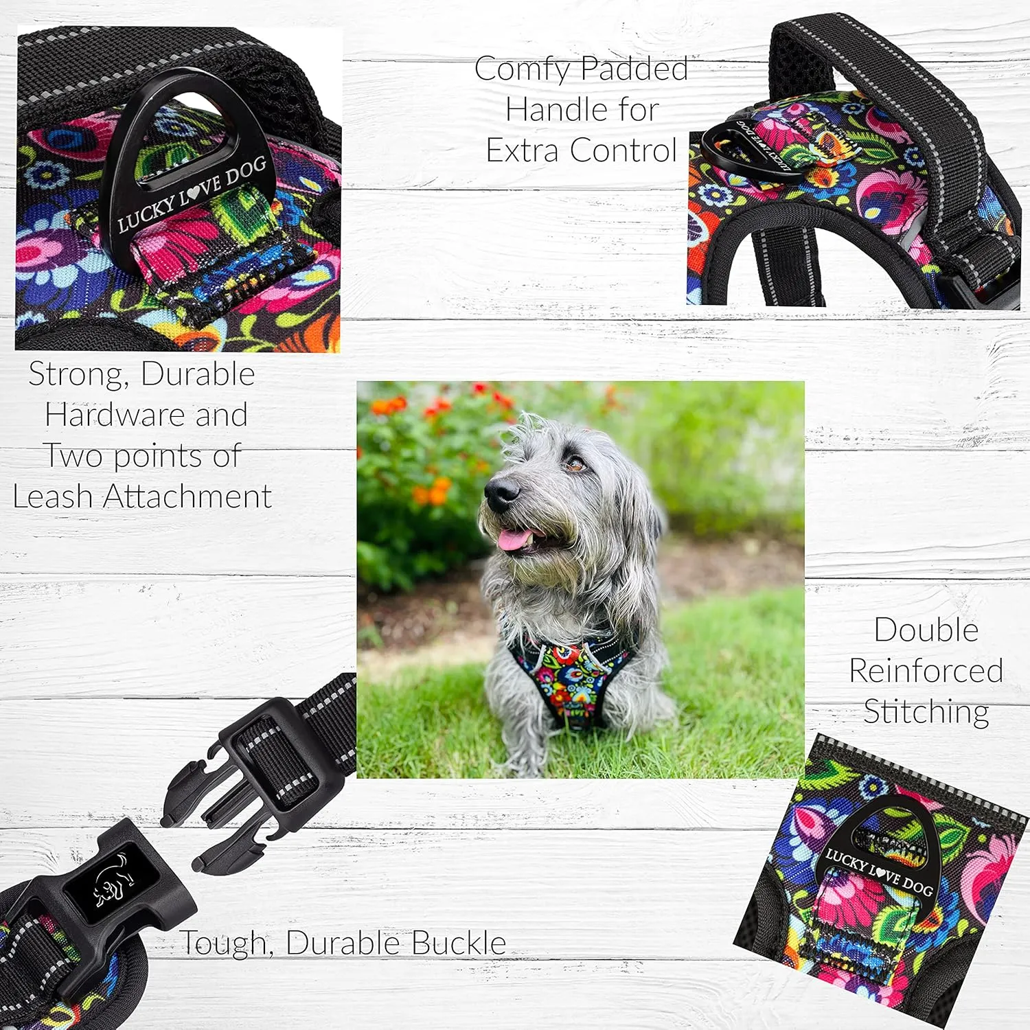 Lucky Love Dog No Pull Dog Harness, Adjustable and Easy to Walk, Cute Patterned Harness for Small Medium Large Male & Female Dogs - Blackbird, Large
