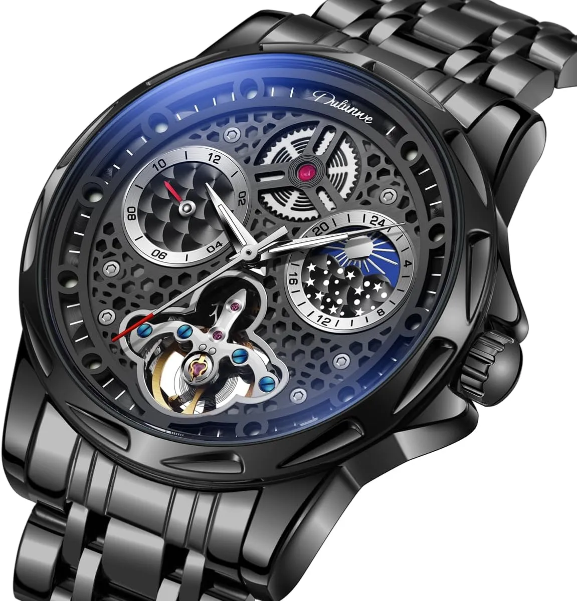 Luxury Honeycomb Hollowed Design Men's Wrist Watches with Tourbillon Moon Phase Dial, Waterproof Luminous Automatic Mechanical Watch