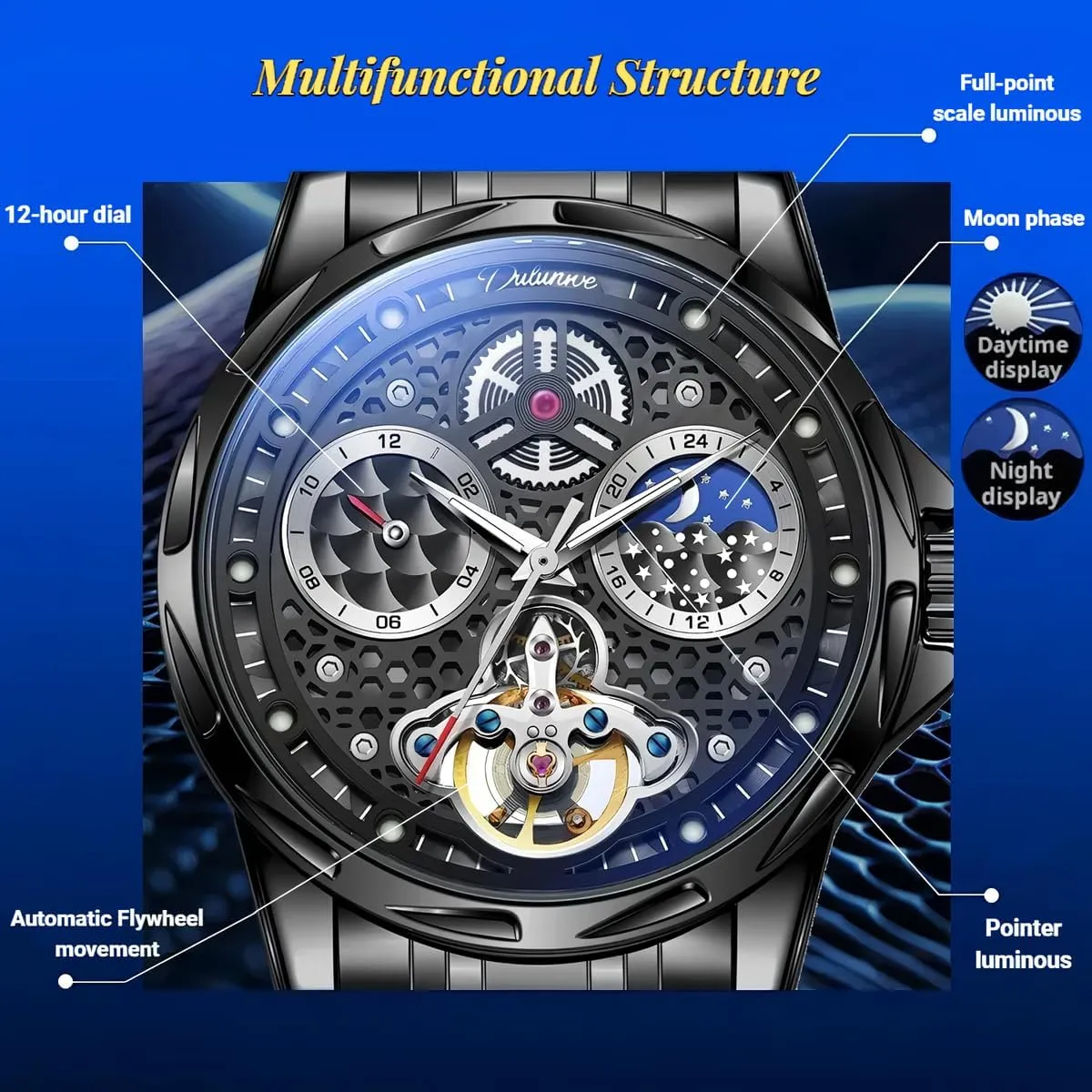 Luxury Honeycomb Hollowed Design Men's Wrist Watches with Tourbillon Moon Phase Dial, Waterproof Luminous Automatic Mechanical Watch