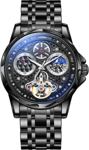 Luxury Honeycomb Hollowed Design Men's Wrist Watches with Tourbillon Moon Phase Dial, Waterproof Luminous Automatic Mechanical Watch