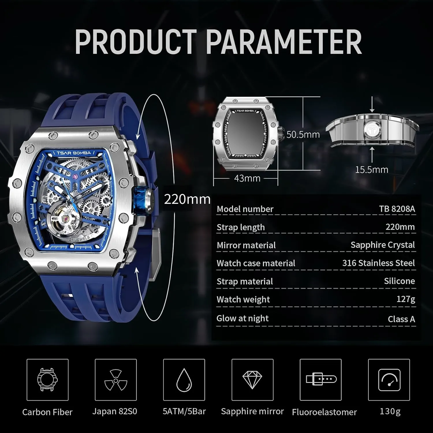 Luxury Mens Automatic Mechanical Watches - Japanese Movement Sapphire Glass - 50M Waterproof Men's Watch - Square Wrist Watches Silicone Band Luminous Elegant Gifts for Men