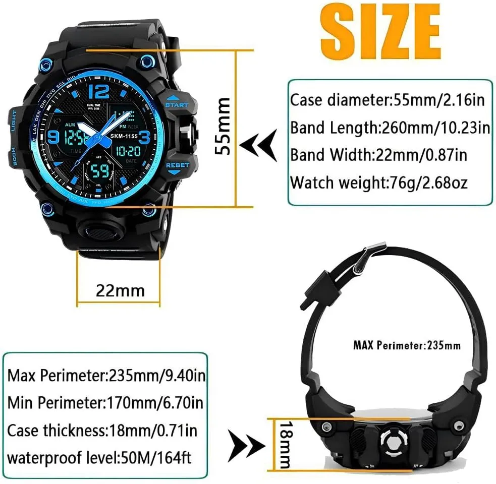 LYMFHCH Men's Analog Sports Watch, LED Military Digital Watch Electronic Stopwatch Large Dual Dial Time Outdoor Army Wrist Watch Tactical
