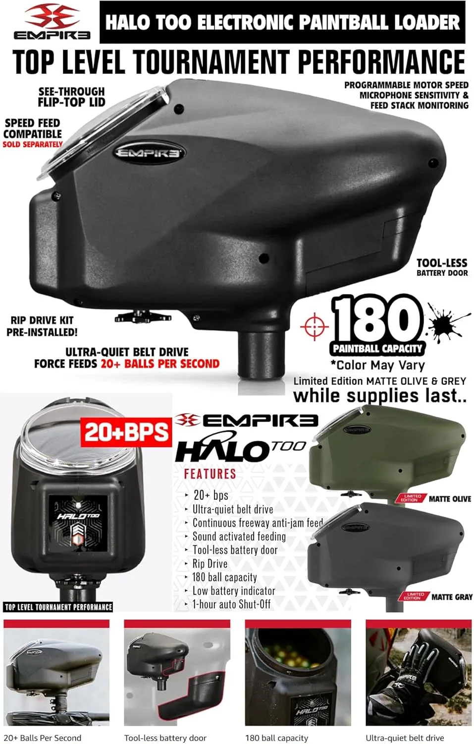 Maddog Empire Mini GS Electronic Full Auto Paintball Gun Marker w/ 48/3000 HPA Paintball Tank, Empire Halo Too Electronic Loader, 4-Pod Harness & (4) Pods Starter Package