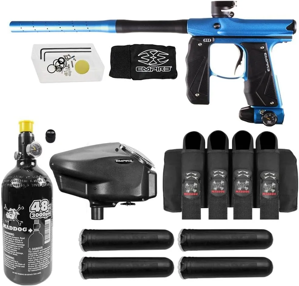 Maddog Empire Mini GS Electronic Full Auto Paintball Gun Marker w/ 48/3000 HPA Paintball Tank, Empire Halo Too Electronic Loader, 4-Pod Harness & (4) Pods Starter Package