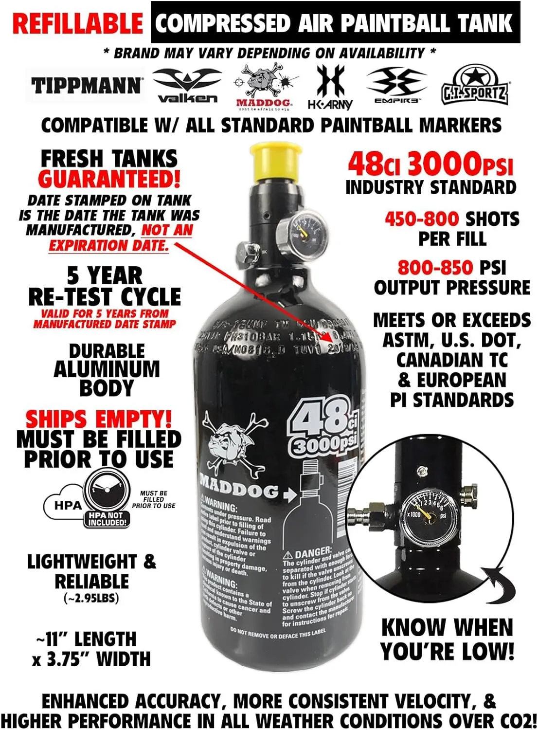 Maddog Empire Mini GS Electronic Full Auto Paintball Gun Marker w/ 48/3000 HPA Paintball Tank, Empire Halo Too Electronic Loader, 4-Pod Harness & (4) Pods Starter Package