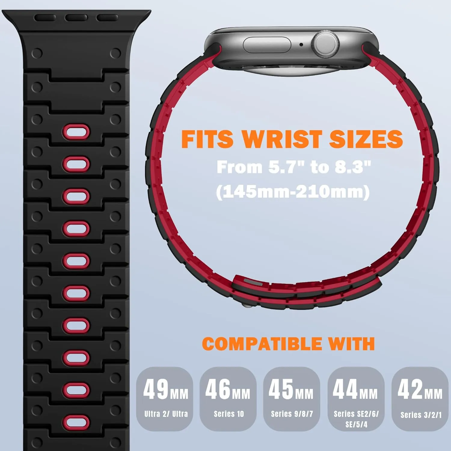 Magnetic Silicone Watch Band Compatible with Apple Watch Series 10 Band 46mm for Men 49mm/45mm/44mm/42mm(3/2/1), Rugged Soft Silicone Sport Watchband for iWatch SE2/SE/9/8/7/6/5/4, Black/Red