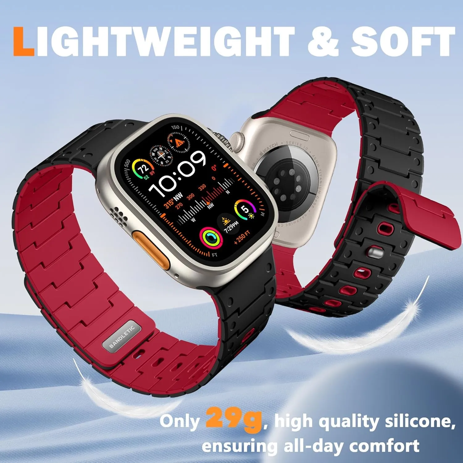 Magnetic Silicone Watch Band Compatible with Apple Watch Series 10 Band 46mm for Men 49mm/45mm/44mm/42mm(3/2/1), Rugged Soft Silicone Sport Watchband for iWatch SE2/SE/9/8/7/6/5/4, Black/Red
