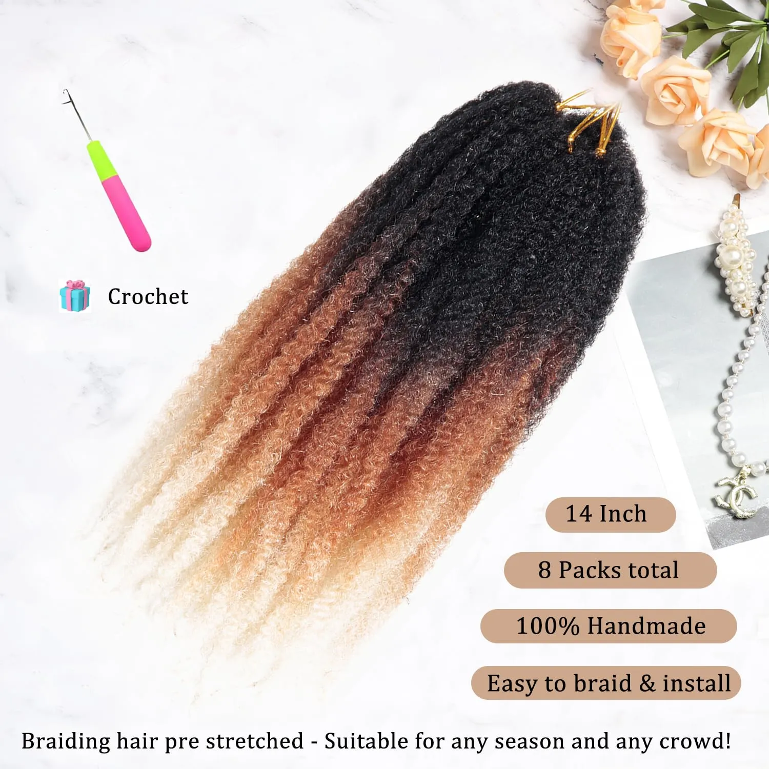 Marley Twist Braiding Hair 14 inch Afro Kinky Curly Crochet Braids 8 Packs Cuban Twist Crochet Braids Synthetic Low Maintenance Skin-Friendly Marley Hair Extensions(1B/30/613, Packs of 8)