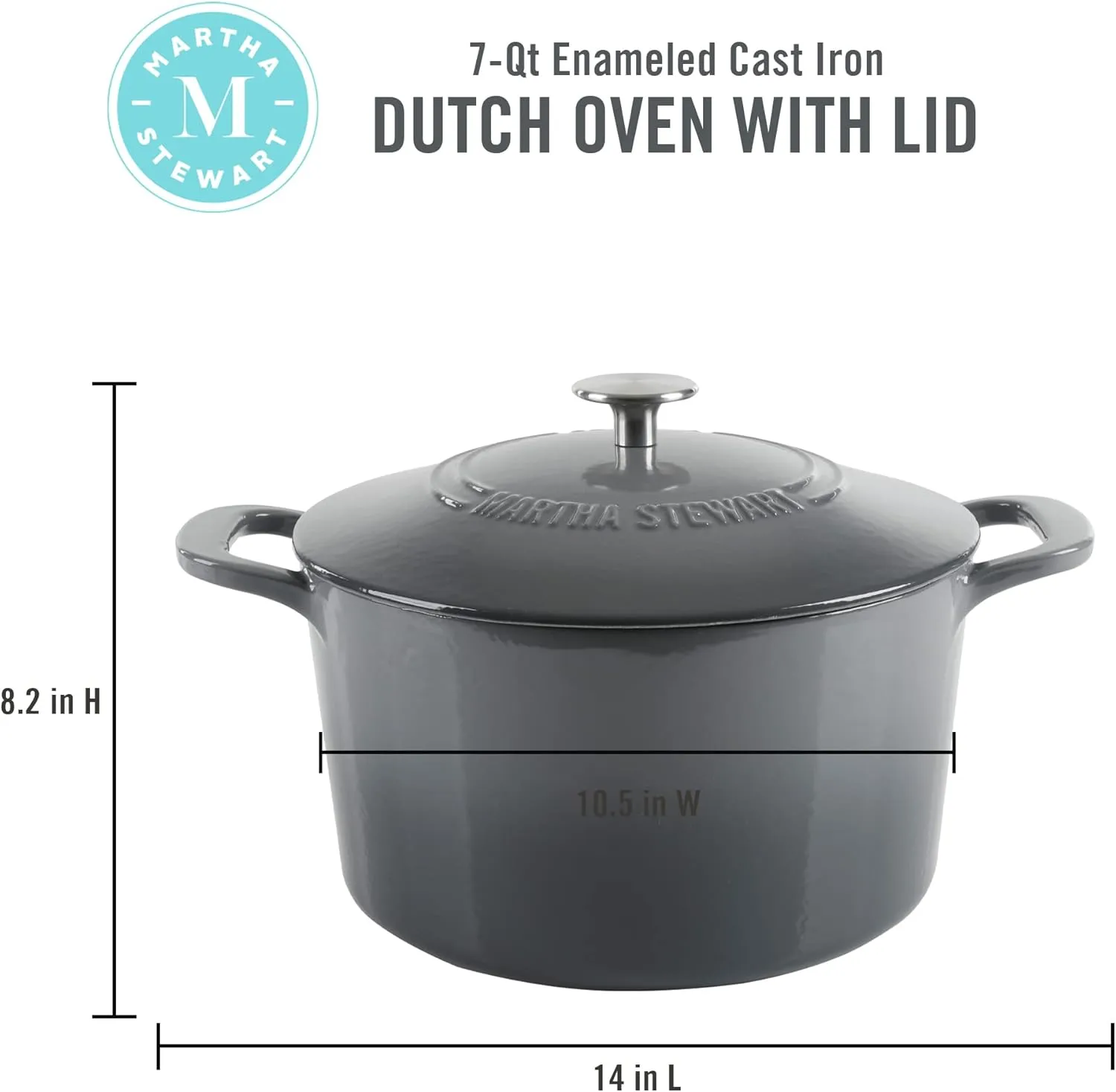MARTHA STEWART Gatwick 7 QT Enamel Cast Iron Dutch Oven, Classic Grey