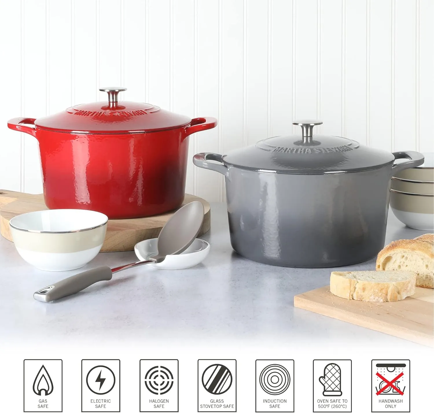 MARTHA STEWART Gatwick 7 QT Enamel Cast Iron Dutch Oven, Classic Grey