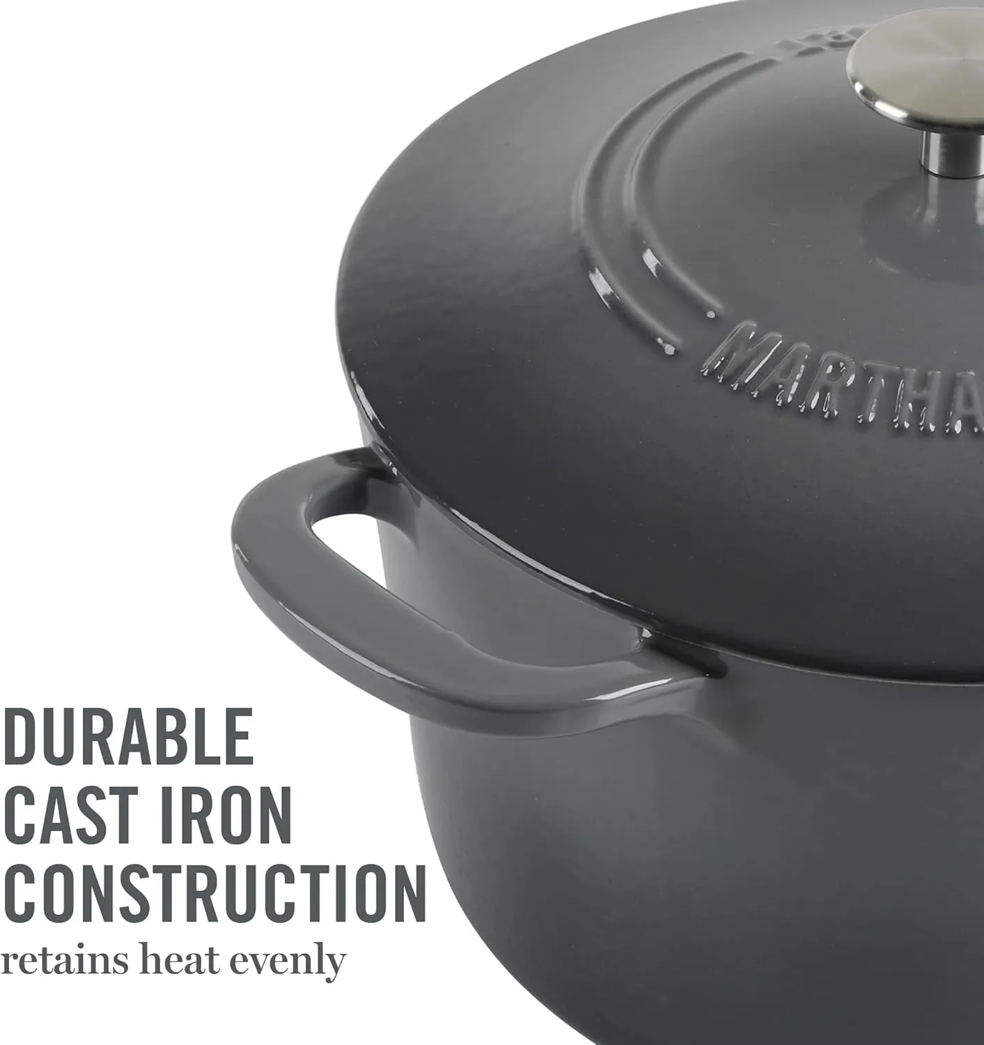 MARTHA STEWART Gatwick 7 QT Enamel Cast Iron Dutch Oven, Classic Grey