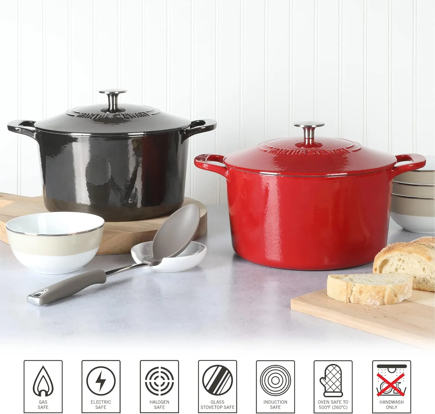 MARTHA STEWART Gatwick 7 QT Enamel Cast Iron Dutch Oven, Grey