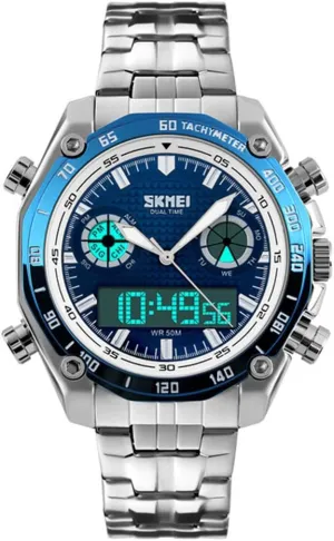 MASTOP Outdoor Chronograph Sports Watches Men Stainless Steel Dual Display Analog Digital Quartz Watch