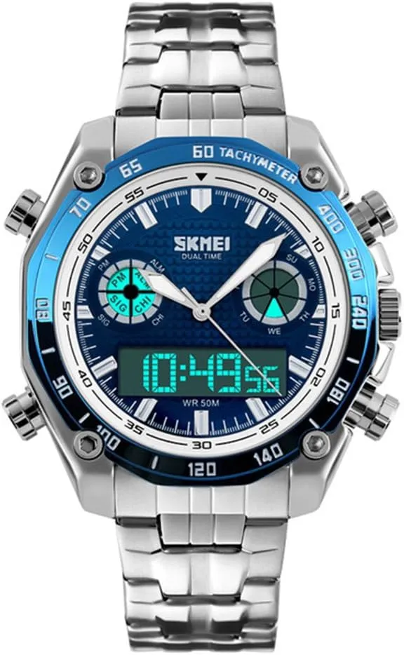 MASTOP Outdoor Chronograph Sports Watches Men Stainless Steel Dual Display Analog Digital Quartz Watch