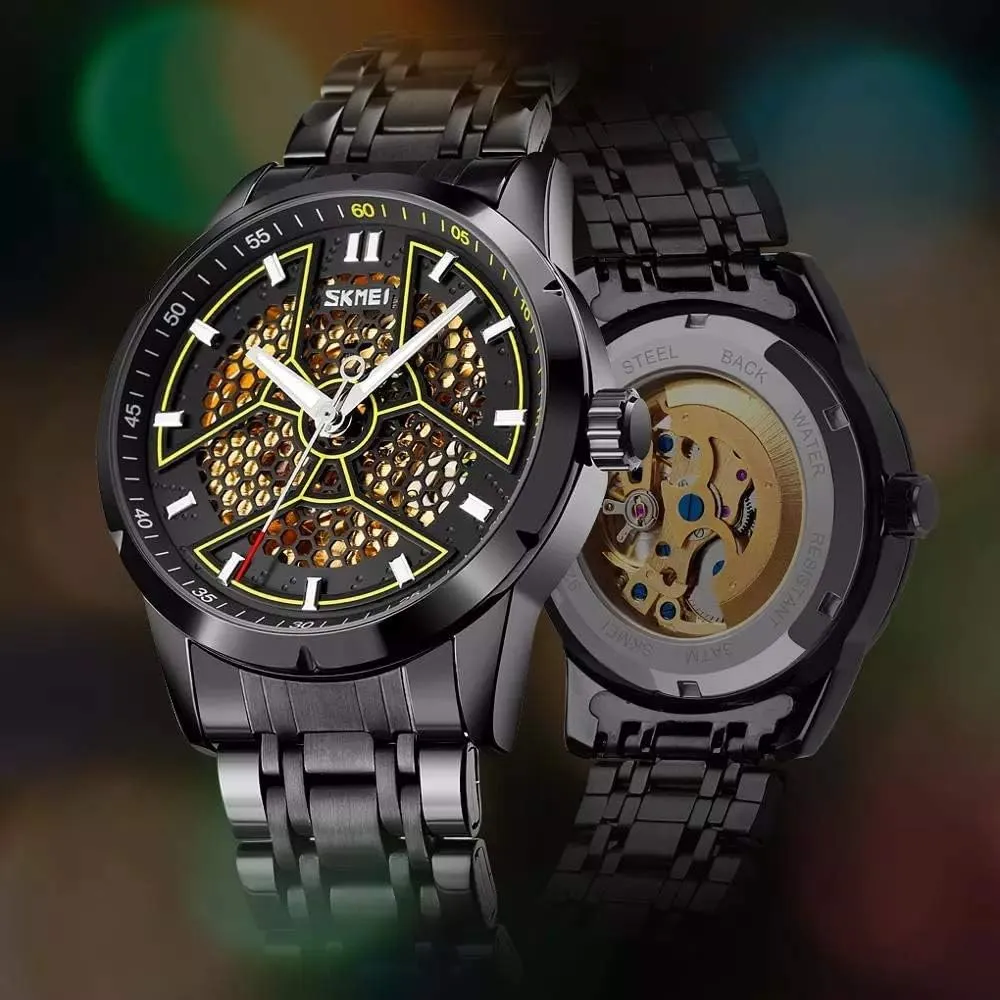 MASTOPMen Automatic Mechanical Watch Stainless Steel Creativity Dial Skeleton Waterproof Analog Dress Wrist Watch