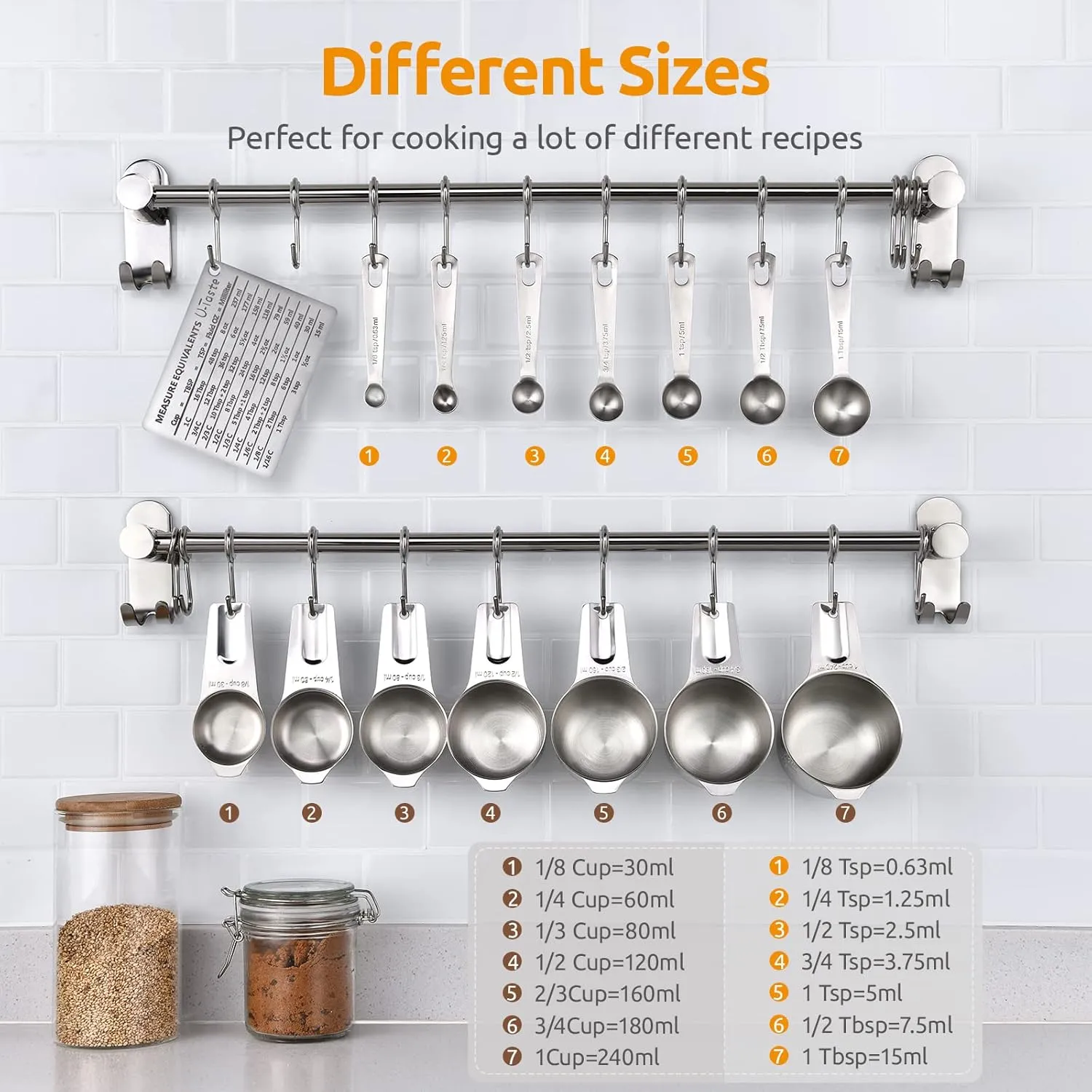 Measuring Cups, U-Taste Measuring Cups and Spoons Set of 15 in 18/8 Stainless Steel : 7 Measuring Cups and 7 Measuring Spoons with 2 D-Rings and 1 Professional Magnetic Measurement Conversion Chart