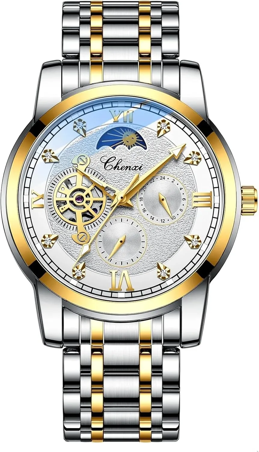 Men Automatic Mechanical Watches Moon Phase Rhinestones Multifunction Luminous Waterproof Wristwatch