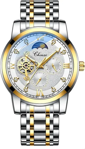 Men Automatic Mechanical Watches Moon Phase Rhinestones Multifunction Luminous Waterproof Wristwatch