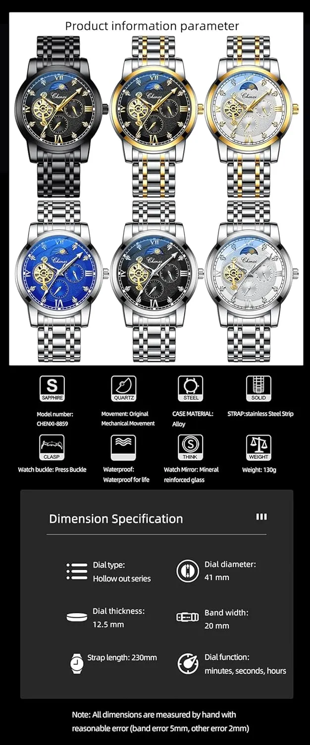 Men Automatic Mechanical Watches Moon Phase Rhinestones Multifunction Luminous Waterproof Wristwatch