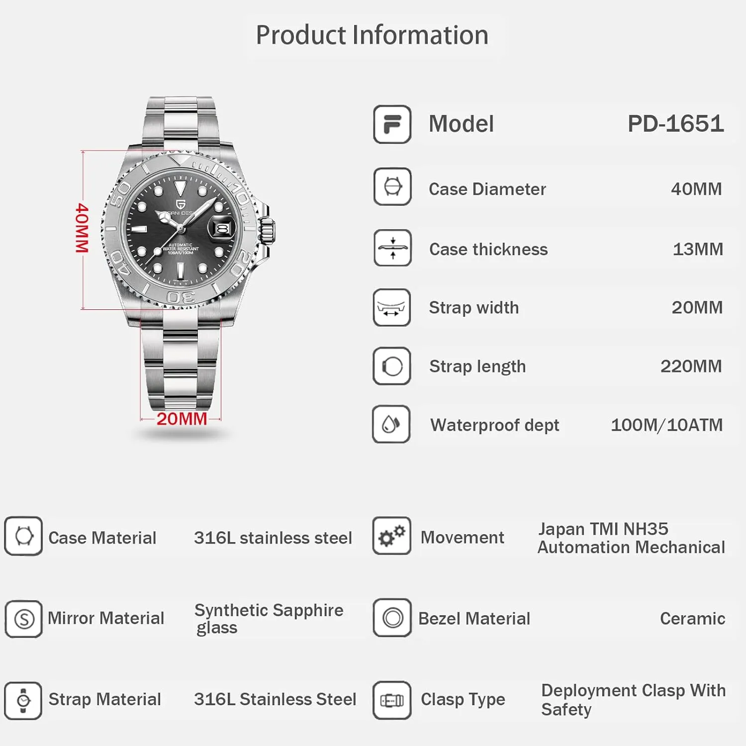 Men Watches Pagani Design Watch for Men Automatic NH35 Mechanical 100M Waterproof Stainless Steel Sapphire Glass Yacht Wristwatch PD-1651