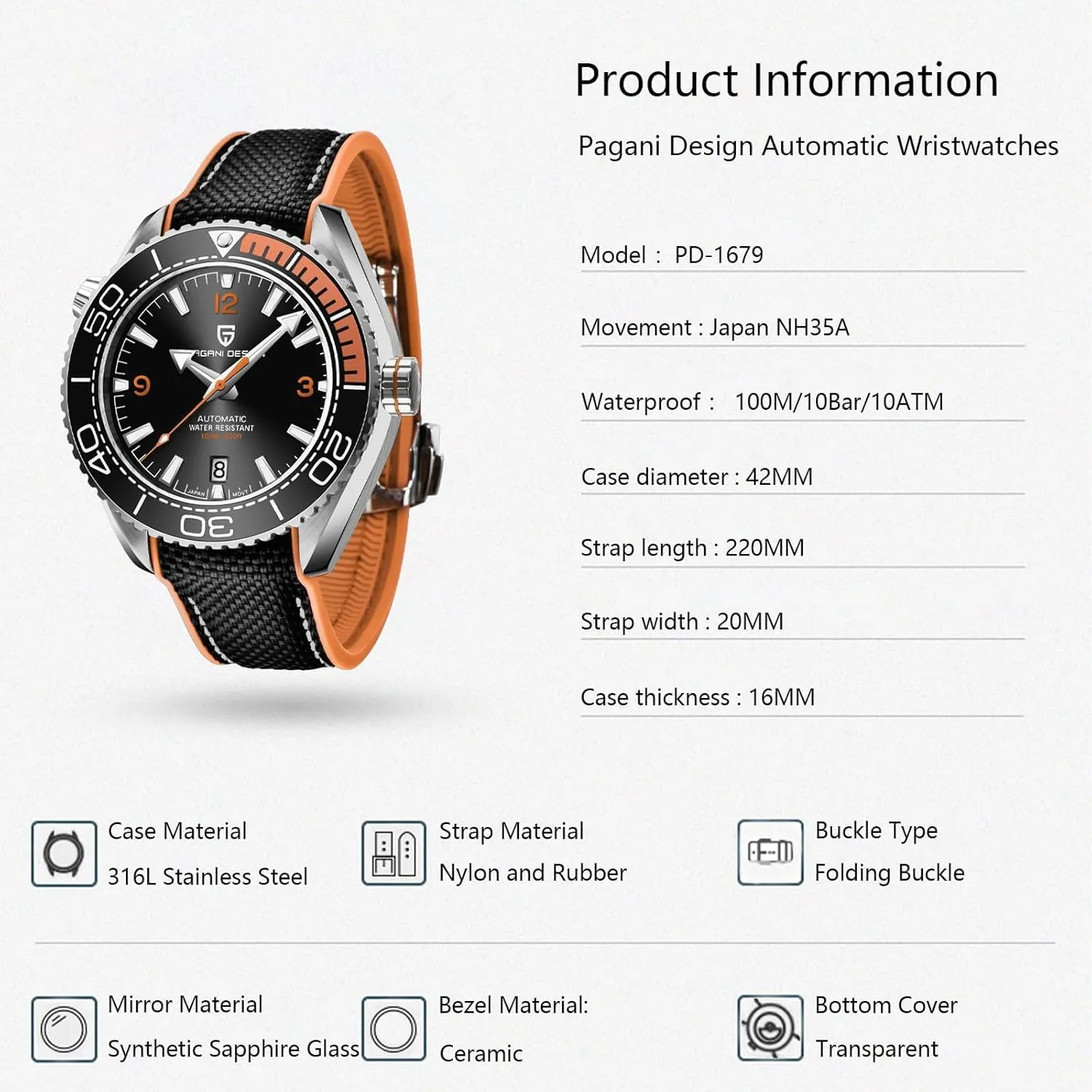 Men Watches Pagani Design Watches for Men Automatic Mechanical Sports Diving Watch NH35 Movement, Wristwatches for Men