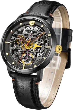 Men's Automatic Watch Skeleton,Black Mechanical Movement Watches Skull, Stainless Steel Strap and Sapphire Crystal Mirror, Automatic Self-Winding 5ATM Waterproof
