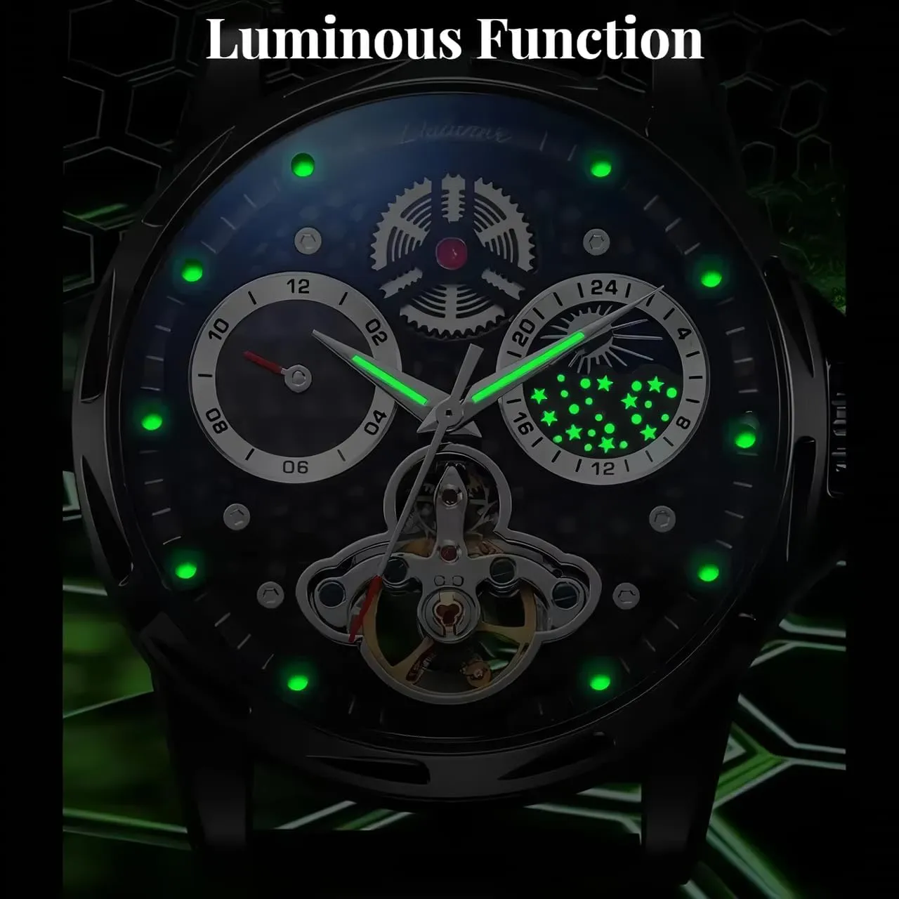 Mens Mechanical Watches,Automatic Tourbillon Vintage Watch Honeycomb Skeleton Moon Phase Dial Self-Winding Waterproof Luminous Leather Wrist Watches