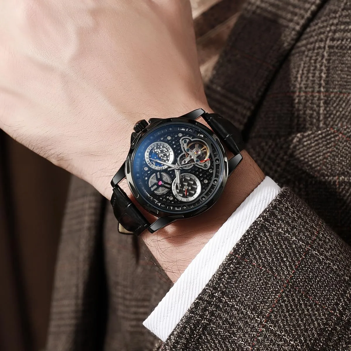 Mens Mechanical Watches,Automatic Tourbillon Vintage Watch Honeycomb Skeleton Moon Phase Dial Self-Winding Waterproof Luminous Leather Wrist Watches