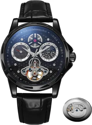 Mens Mechanical Watches,Automatic Tourbillon Vintage Watch Honeycomb Skeleton Moon Phase Dial Self-Winding Waterproof Luminous Leather Wrist Watches