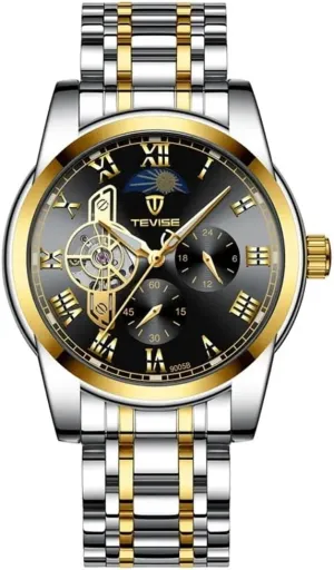Men's Stainless Steel Fully Automatic Mechanical Watch Moon Phase Waterproof Luminous Multifunctional Business Wrist Watch