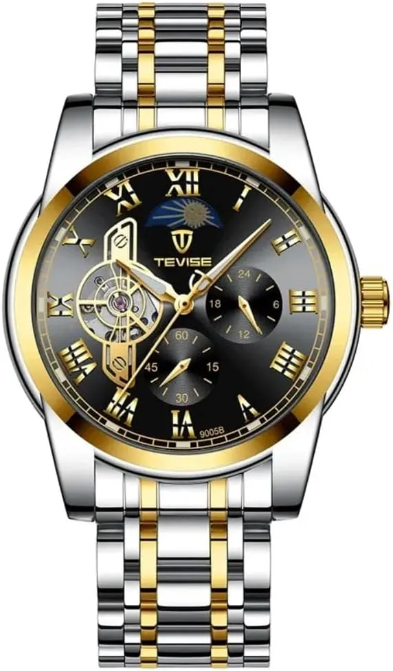 Men's Stainless Steel Fully Automatic Mechanical Watch Moon Phase Waterproof Luminous Multifunctional Business Wrist Watch