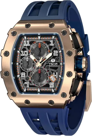 Men's Watch Luxury Square Tonneau 50M Waterproof Stainless Steel Sapphire Chronograph Date Multifunction Japanese Quartz Movement Fashion Unique Cool Design Elegant Gift Rubber Strap Watch