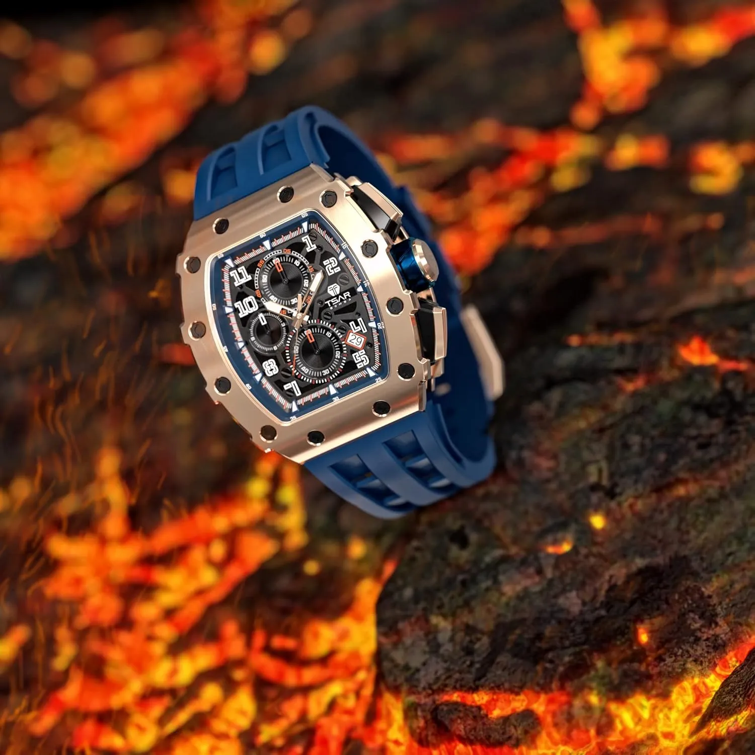 Men's Watch Luxury Square Tonneau 50M Waterproof Stainless Steel Sapphire Chronograph Date Multifunction Japanese Quartz Movement Fashion Unique Cool Design Elegant Gift Rubber Strap Watch