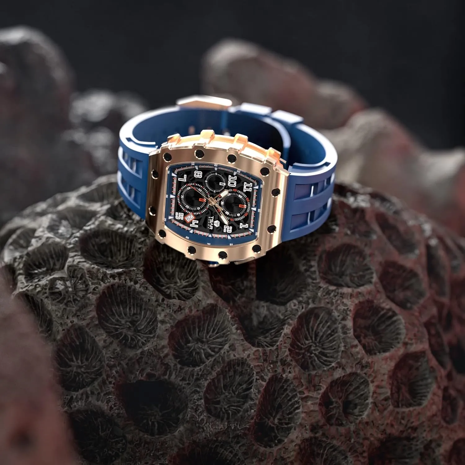 Men's Watch Luxury Square Tonneau 50M Waterproof Stainless Steel Sapphire Chronograph Date Multifunction Japanese Quartz Movement Fashion Unique Cool Design Elegant Gift Rubber Strap Watch