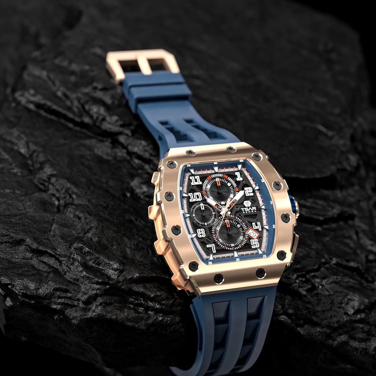 Men's Watch Luxury Square Tonneau 50M Waterproof Stainless Steel Sapphire Chronograph Date Multifunction Japanese Quartz Movement Fashion Unique Cool Design Elegant Gift Rubber Strap Watch
