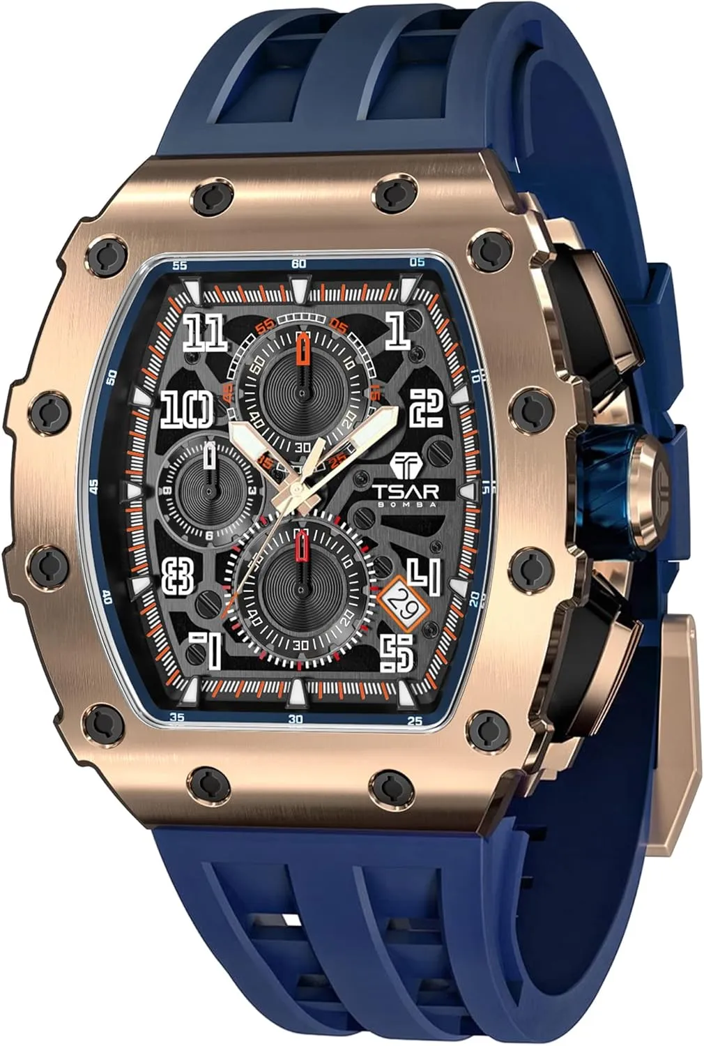 Men's Watch Luxury Square Tonneau 50M Waterproof Stainless Steel Sapphire Chronograph Date Multifunction Japanese Quartz Movement Fashion Unique Cool Design Elegant Gift Rubber Strap Watch
