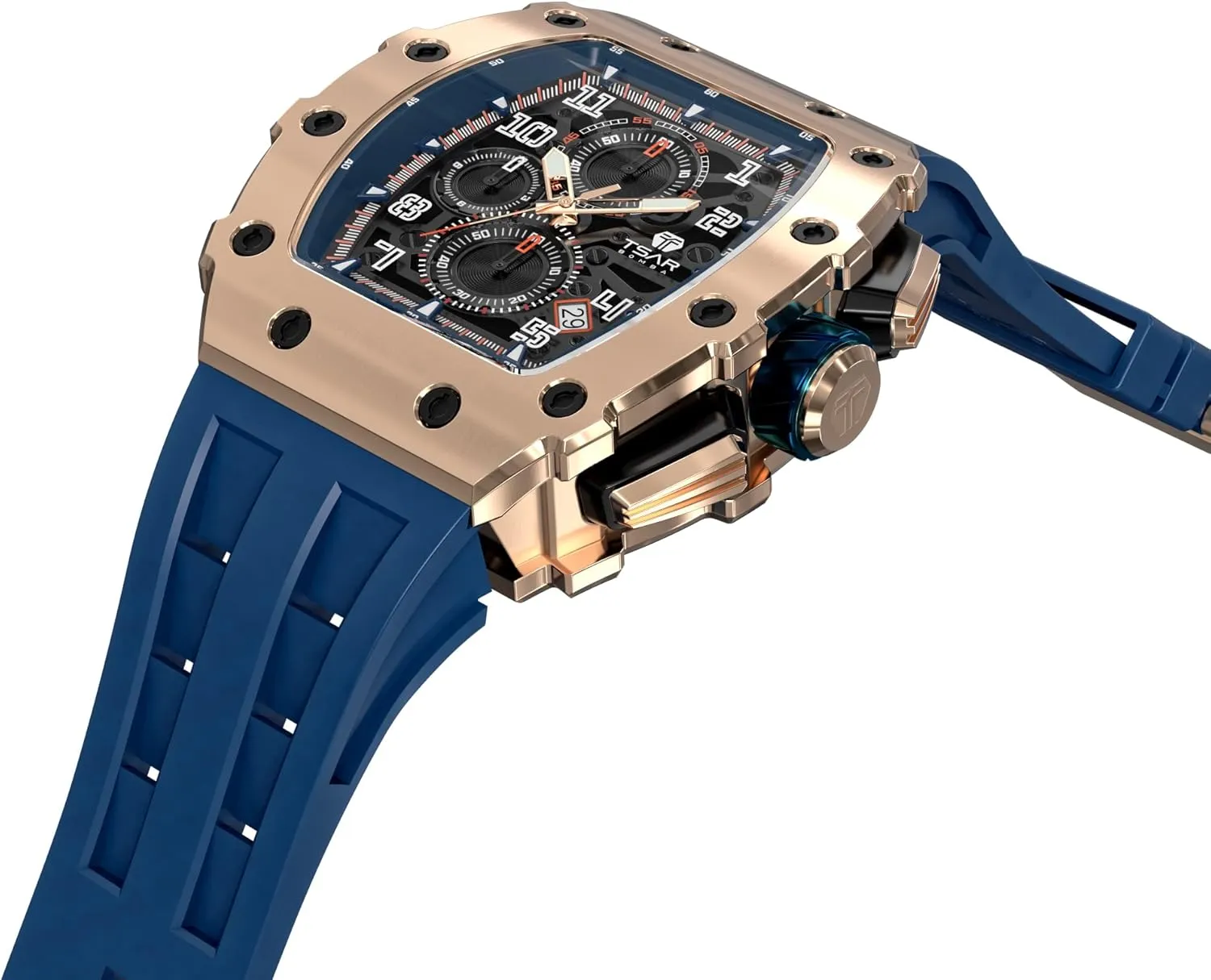 Men's Watch Luxury Square Tonneau 50M Waterproof Stainless Steel Sapphire Chronograph Date Multifunction Japanese Quartz Movement Fashion Unique Cool Design Elegant Gift Rubber Strap Watch
