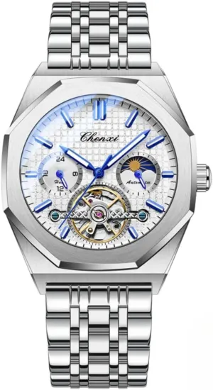 Men's Watch Stainless Steel Waterproof Bracelet Moon Phase Tourbillon Men's Night Glow Mechanical Watch