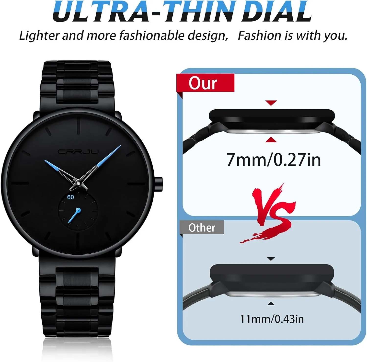 Mens Watches Ultra-Thin Minimalist Waterproof-Fashion Wrist Watch for Men Unisex Dress with Stainless Steel Band-Black Hands