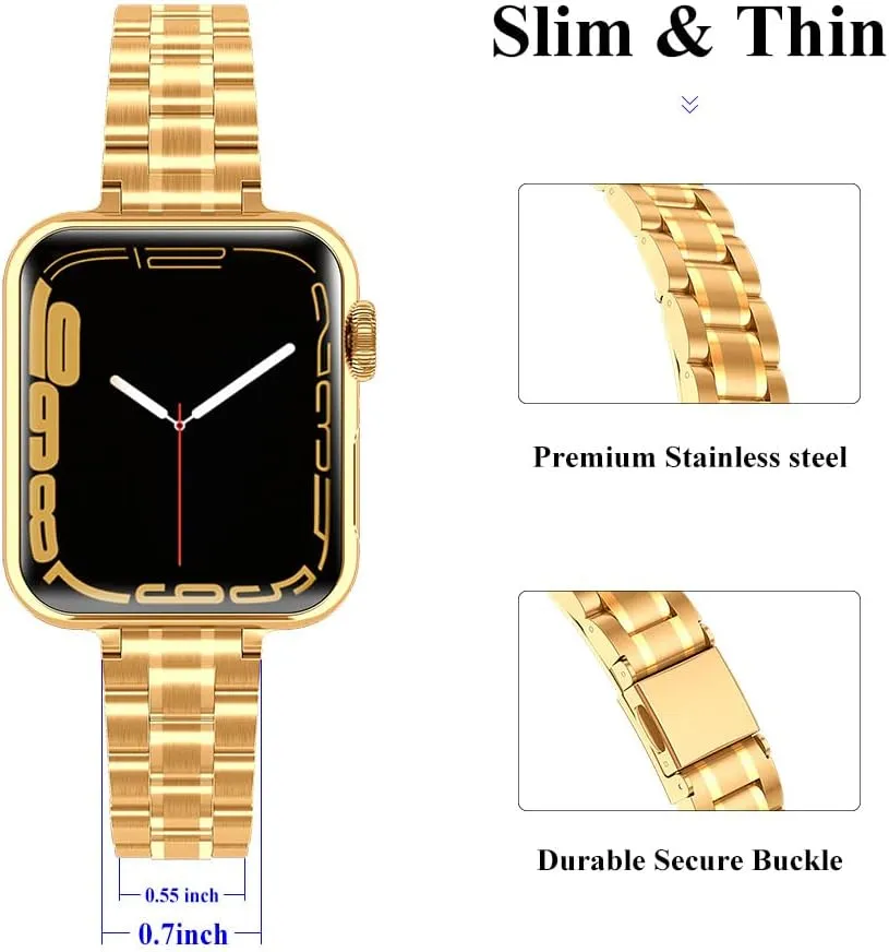 Metal band Compatible with Apple Watch Band 46mm 45mm 44mm 42mm 41mm 40mm 38mm for women, Slim Thin Stainless Steel Wristband for iWatch Series 10/9/8/7/6/5/4/3/2/6/SE