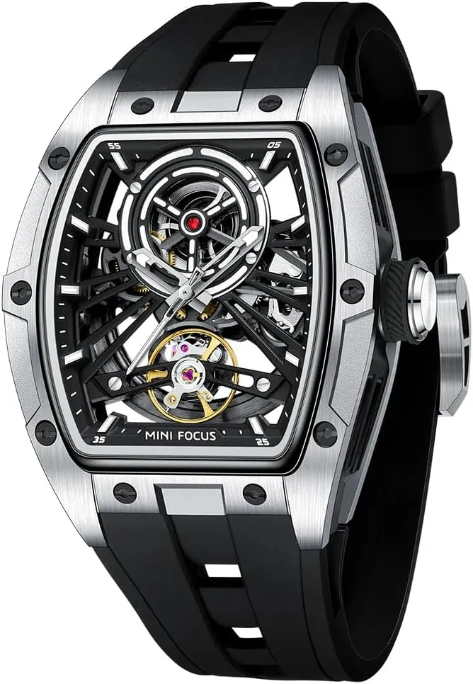 MF MINI FOCUS Unique Men Watches,Automatic Mechanical Watch,Luxury Hollow Tonneau Watches for Men with Stainless Steel Case and Silicon Band (Self-Wind Movement/5ATM Waterproof/Super_Luminous)