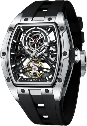 MF MINI FOCUS Unique Men Watches,Automatic Mechanical Watch,Luxury Hollow Tonneau Watches for Men with Stainless Steel Case and Silicon Band (Self-Wind Movement/5ATM Waterproof/Super_Luminous)
