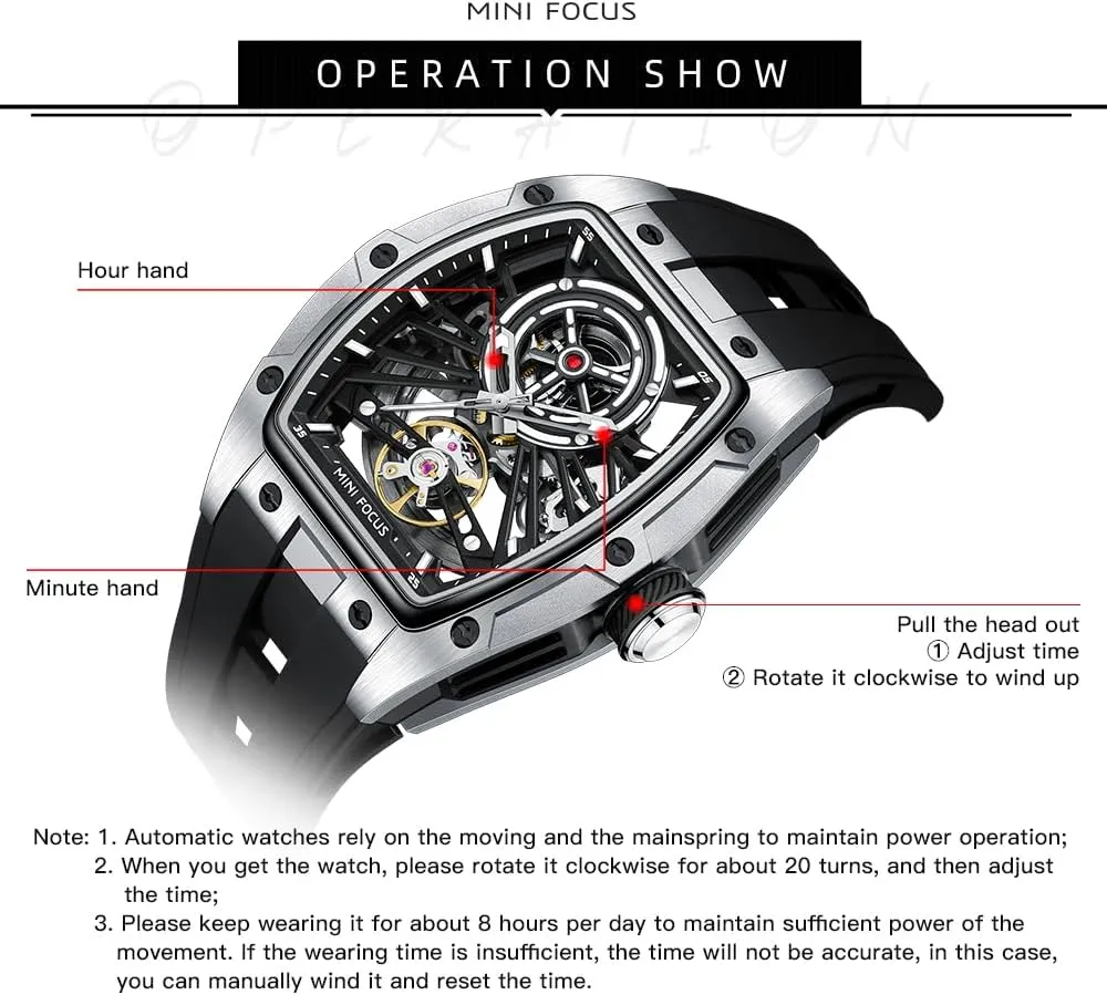 MF MINI FOCUS Unique Men Watches,Automatic Mechanical Watch,Luxury Hollow Tonneau Watches for Men with Stainless Steel Case and Silicon Band (Self-Wind Movement/5ATM Waterproof/Super_Luminous)