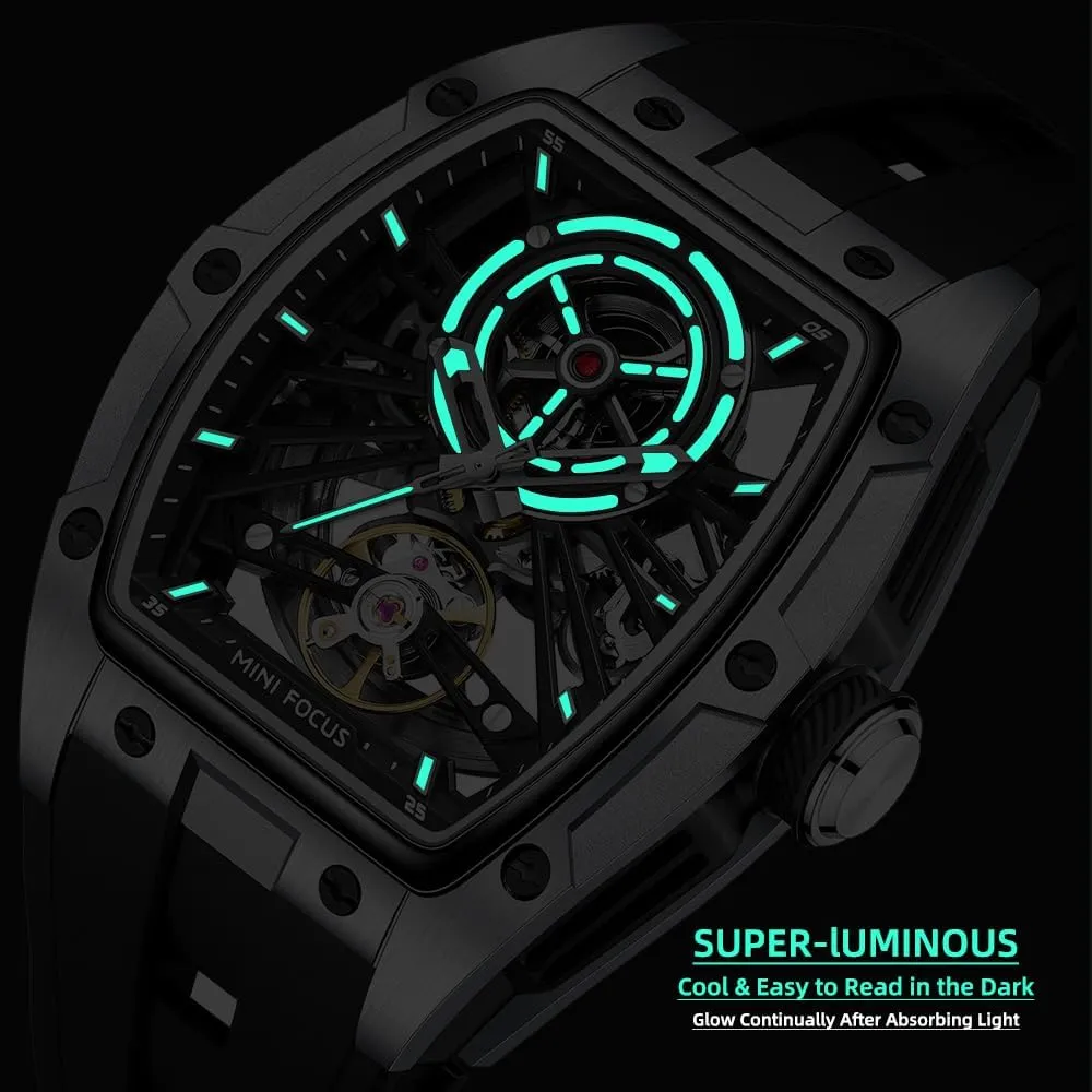 MF MINI FOCUS Unique Men Watches,Automatic Mechanical Watch,Luxury Hollow Tonneau Watches for Men with Stainless Steel Case and Silicon Band (Self-Wind Movement/5ATM Waterproof/Super_Luminous)